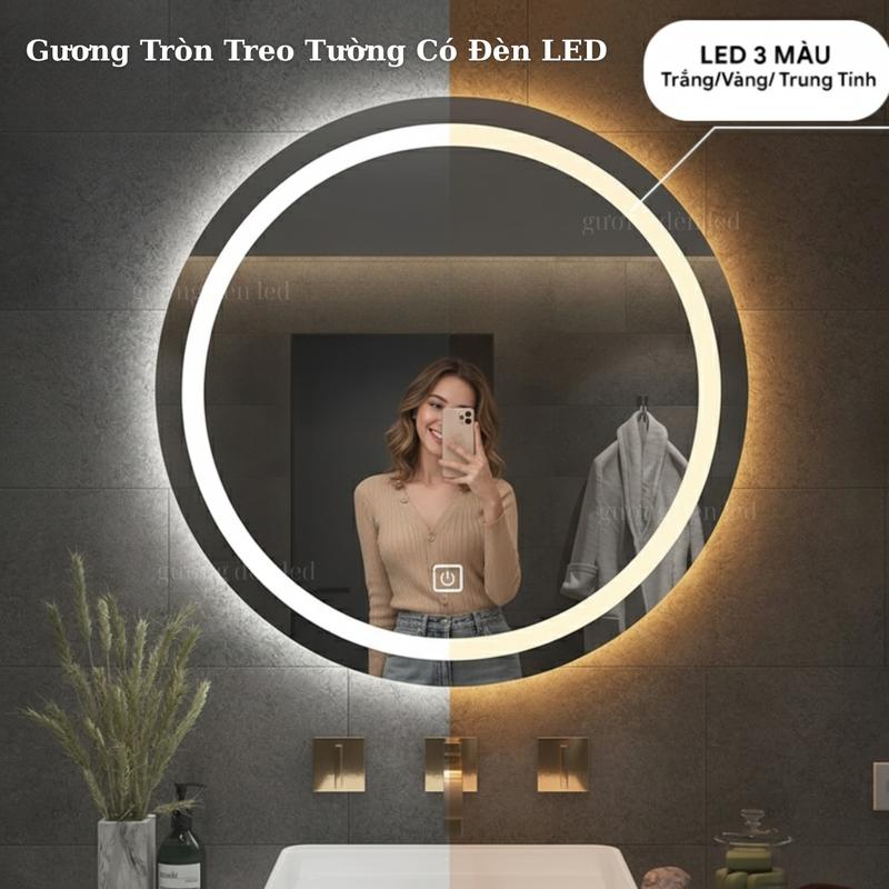 Gương Tròn Treo Tường Có Đèn LED Gương Treo Bàn Trang Điểm Nhà Tắm Nút Cảm Ứng tắt mở Nhiều Size Lựa chọn Lắp Dễ