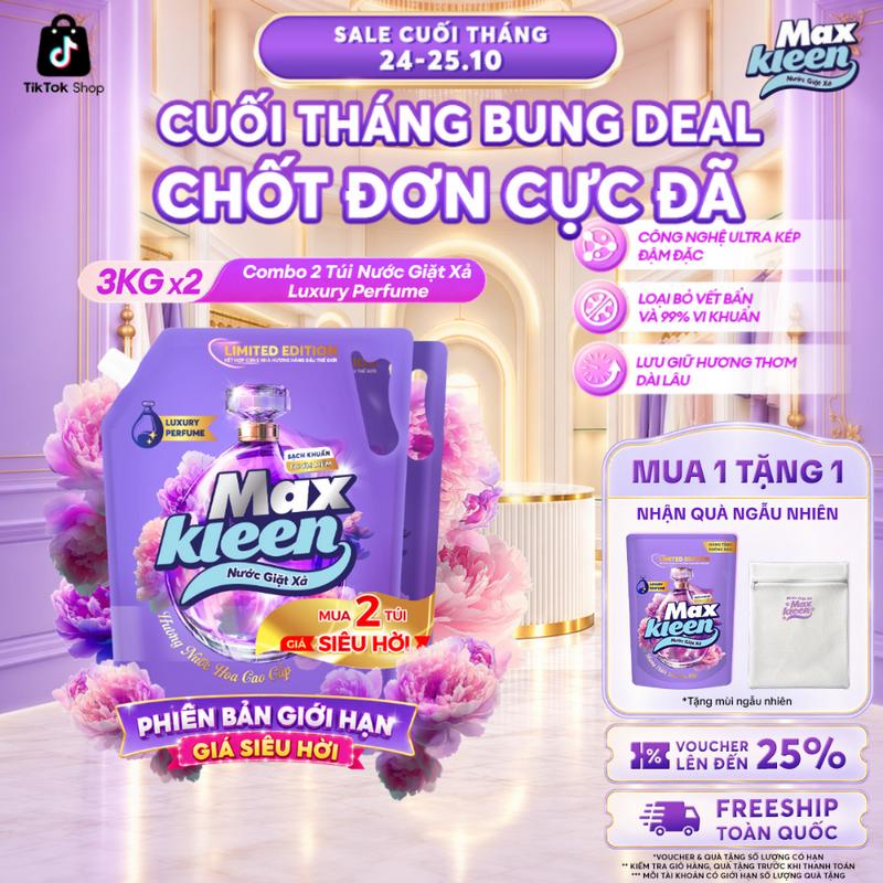 Combo 2 Túi MaxKleen Perfume Luxe Nước Giặt Xả Hương Nước Hoa Cao Cấp Sạch Khuẩn, Mềm Vải, Thơm Lâu 3KG