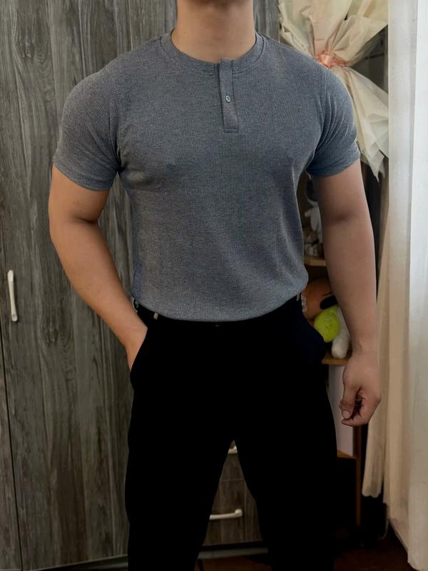 Áo thun nam tay ngắn cổ tròn đính nút cotton thun gân dày cao cấp from ôm body LT FASHION Top Menswear Màu Đen