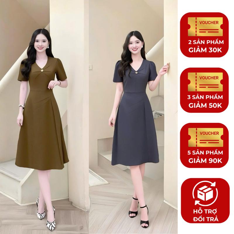  Đầm váy nữ thiết kế Nhật Vy cổ V nhún ngực đính nút kiểu form dáng xoè bigsize chất lụa công sở văn phòng dự tiệc quà tặng vợ mẹ màu nâu xám đen - D3488 