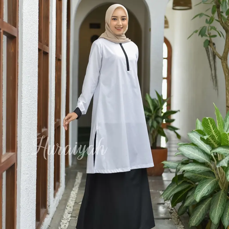 Ss syakira SETELAN ROK MODEL KURUNG MELAYU toyobo HURAIYAH /Hitam Putih Polos Kombinasi Ujian Kuliah atasan tunik rok karet busui wudhu freindly PNS ASN Sipil guru dinas pegawai kerja sekolah mengajar 0