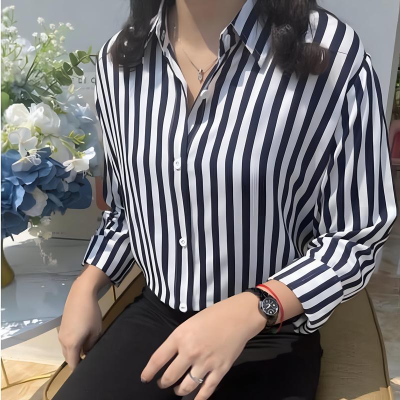 OGM - Outfit Kemeja Wanita Motif Salur Stripe Poly Rayon Nyaman Kekinian 4