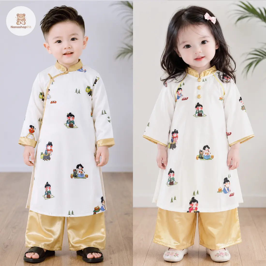 Nanashop916 Áo Dài Cách Tân Cho Bé Trai Bé Gái Hoạ Tiết Xinh Xắn Màu Vàng Chất Liệu Lụa Size Dưới 1m2 - Trộm Vía Tăng Size