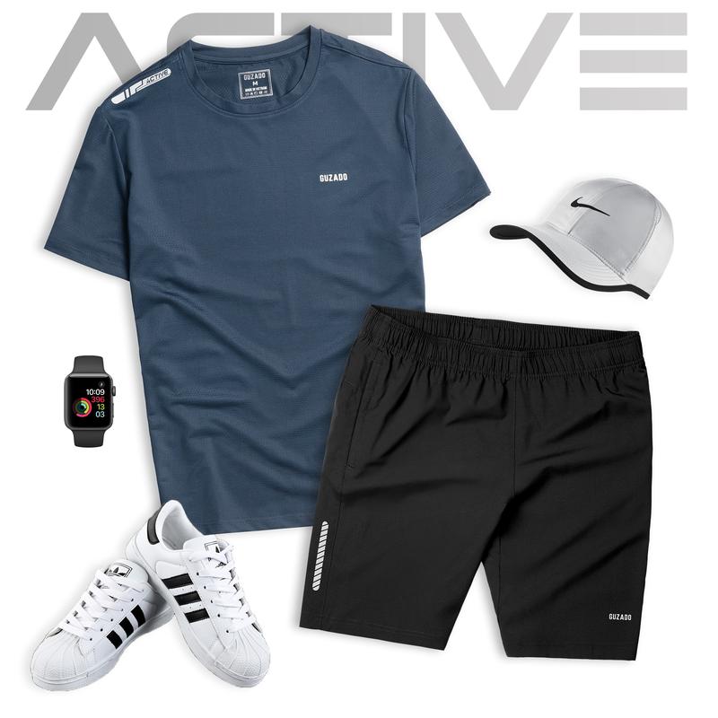 Bộ Đồ Áo Thun Quần Gió Sport Thể Dục Thể Thao GUZADO Vải Thun Coolmax Co Giãn 4 Chiều, Thấm Hút, Thoáng Khí Line LOGO ACTIVE BTS04