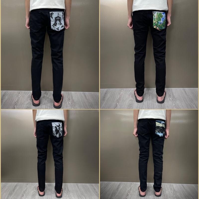 Quần jean nam đen trơn dập nhăn túi sau in hoạ tiết đơn giản bản siêu cấp new 2025