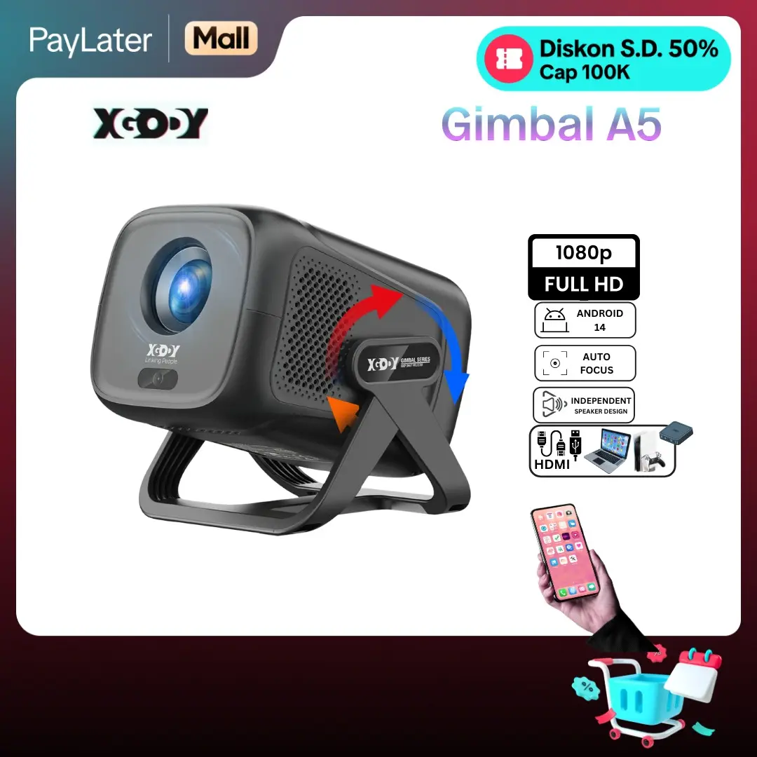 XGODY Gimbal A5 Smart Proyektor LCD - Android 14 -  FHD 1080P - MirrorLink - Auto Keystone - 450ANSI