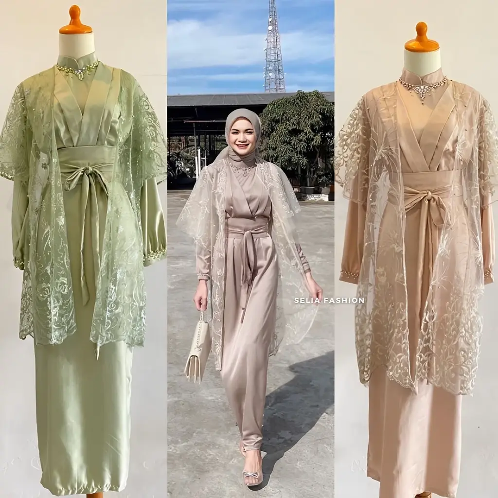 Gamis Premium Lucia Kimono Gaun Kondangan Brukat Outter
