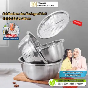 [ISCHAINDYOFC] TEXANIA Set Baskom Stainless Anti Karat Foodgrade Multifungsi Beli 1 Ukuran 18-20-22-24-26cm Gratis Parutan Kitchenware