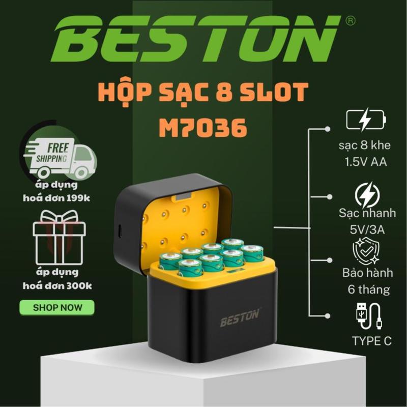 Hộp sạc pin 8 slot AA 1.5V BESTON M7036, Pin 1.5V 3600 mwh dùng cho karaoke, máy ảnh, khóa cửa từ