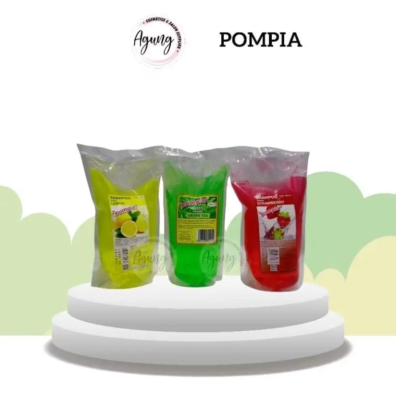Pompia Shampoo Refil 900 Ml Sampo Perawatan Haircare dengan Conditioner rambut rontok Ketombe Lemon Orange Hijau Bunga Mawar Black Kotoran