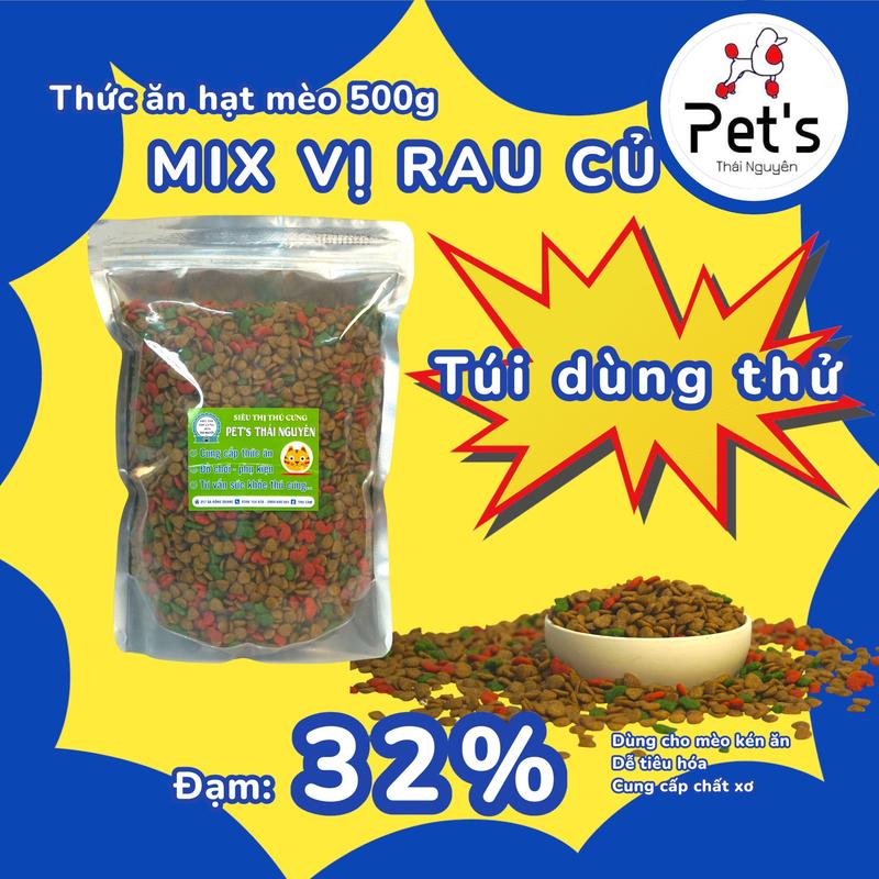   Túi Dùng Thử  Thức ăn hạt mèo 500g Mix Vị Rau Củ Bổ sung dinh dưỡng 32% chất lượng cao cho mèo con & trưởng thành 