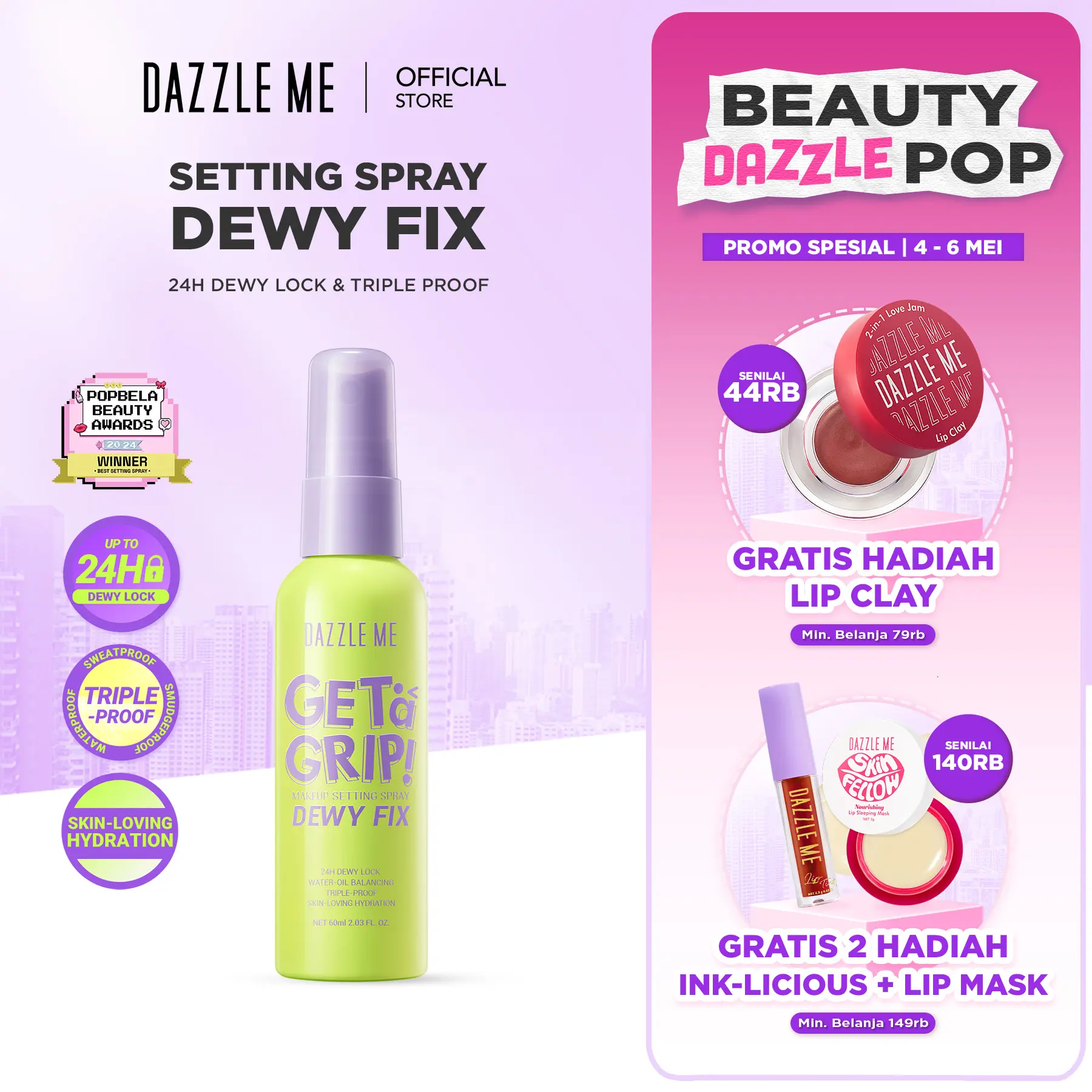 [POPBELA Best Setting Spray 2024 Winner] DAZZLE ME Get a Grip! Makeup Setting Spray Dewy Fix Beauty Protecting 4 X Hydrating Makeup Mist Flawless Lightening Primer Water Tahan 24 JAM