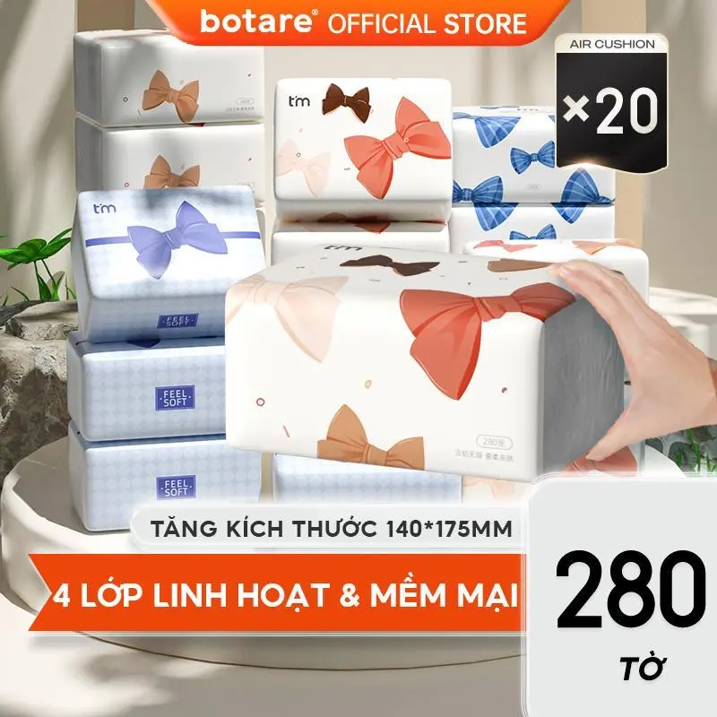 【20 Gói】Khăn giấy air cushion Botare (Khăn giấy nơ hồ điệp) Dày 4 Lớp 280 Tờ (lần rút), đanh dai mềm mịn, không gây kích ứng da