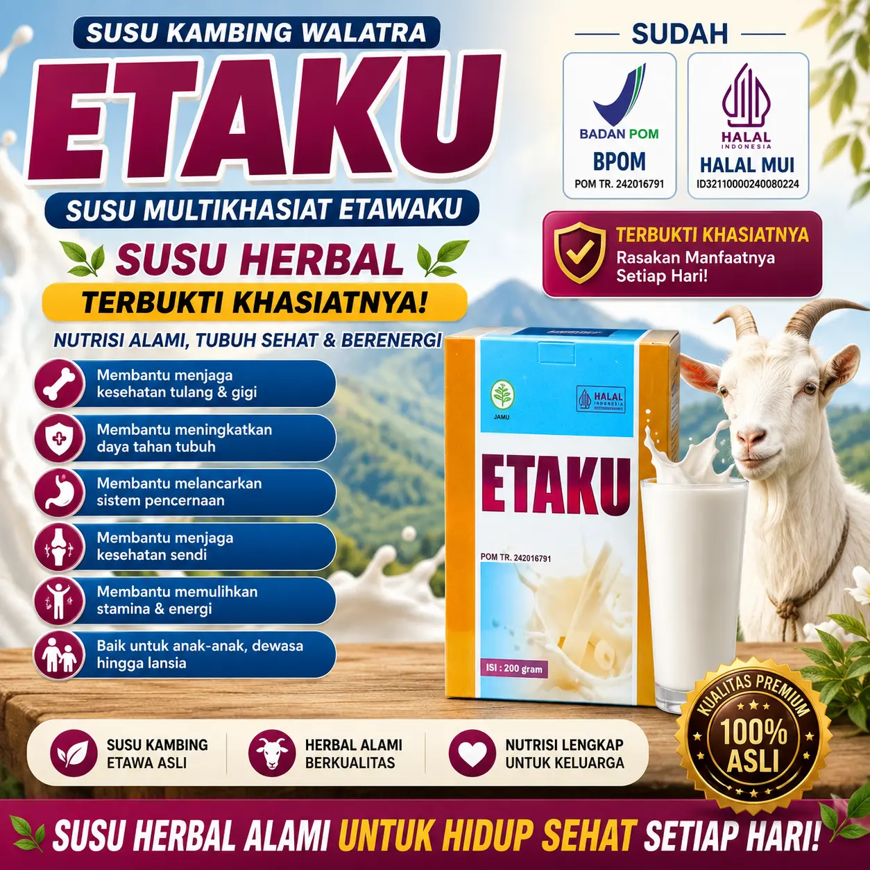Alawi Herbal - Susu Kambing Walatra Etaku - Susu Multikhasiat Etawaku - Susu Herbal Terbukti Khasiatnya Sudah BPOM Dan Halal MUI