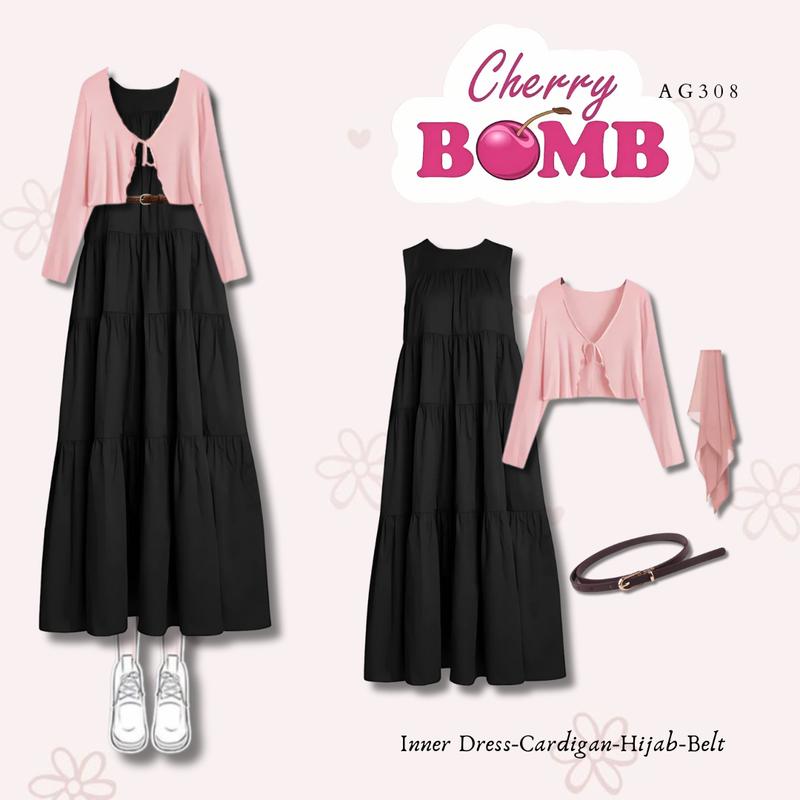 Product Introduction of 4in1 Set Valentine Douyin Outfit One Set Wanita Kekinian | Cardigan + Inner Dress + Belt + HIjab | SET AG208 1