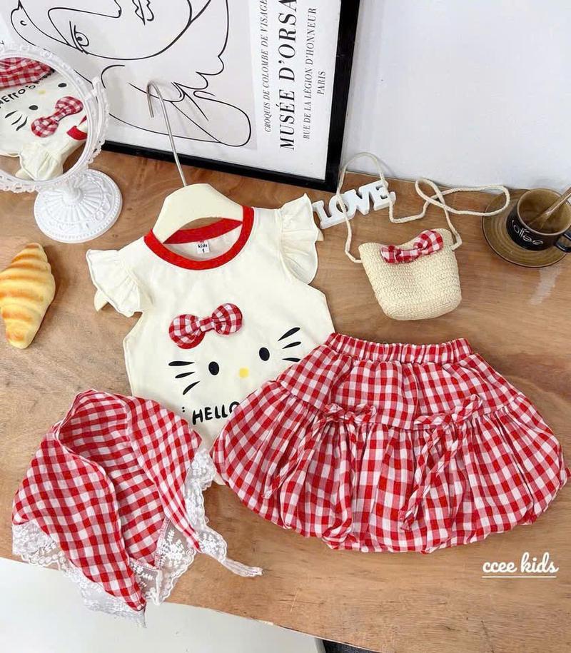 Product Introduction of [Tặng Túi + Khăn] Set Váy Mèo Nơ Dễ Thương Bé Gái 8-28kg Áo Cotton mix Chân váy kẻ có quần trong 6