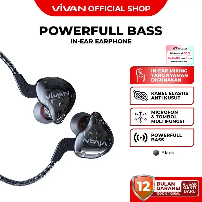 VIVAN Earphone In Ear Kabel Stereo Powerful Bass Wired Headset Q15 Black Garansi Resmi 1 Tahun Microphone Headphones Handsfree 0