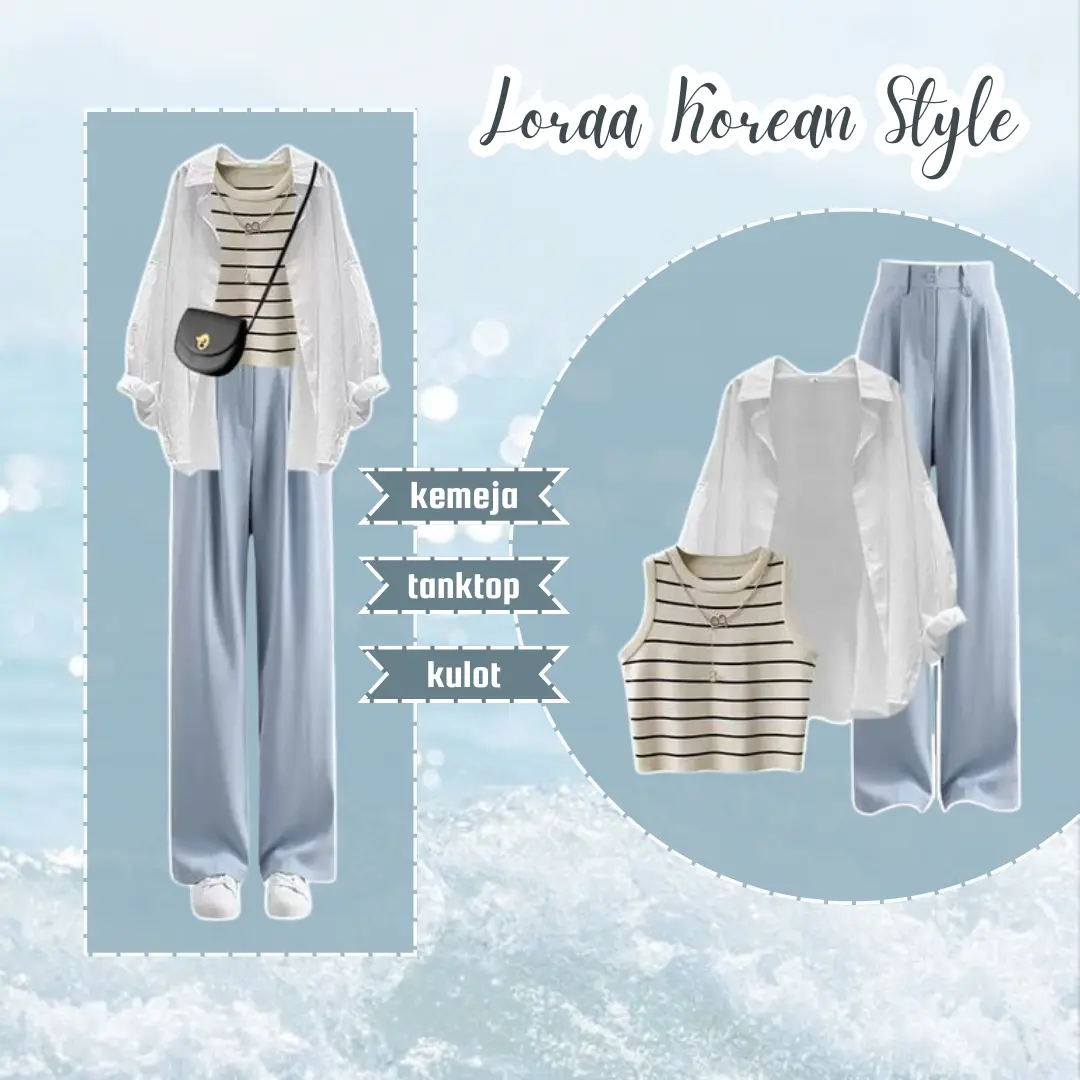 One Set Korean Style Setelan Kekinian Tanktop Crop Salur & Kemeja Katun Putih & Kulot Linen LR22
