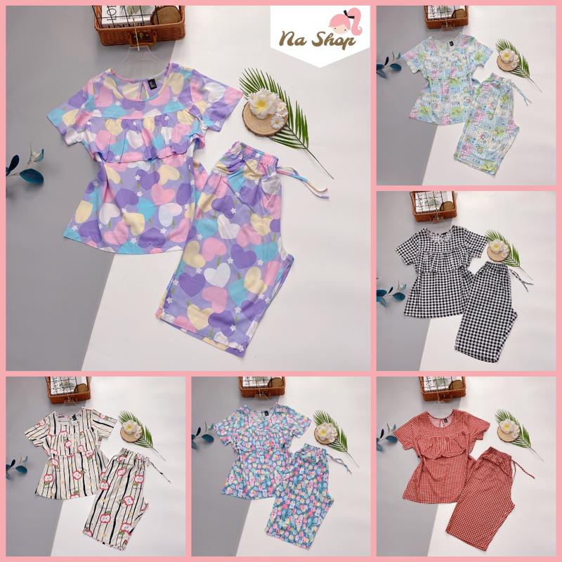 Đồ bộ tôn lanh quần lửng, áo bèo ngực tay ngắn, vải mát mịn, form dễ mặc, họa tiết dễ thương 40~75kg 2
