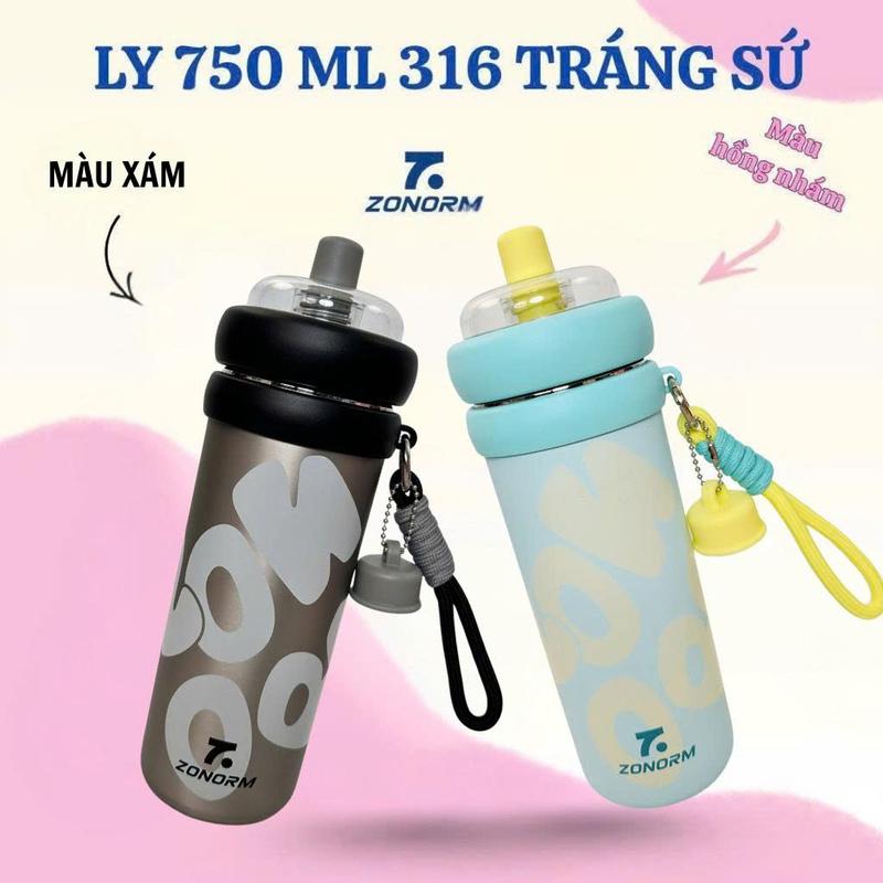 Ly giữ nhiệt ZONORM 750ml Inox 316 ruột tráng sứ, nắp nhựa Tritan, màu sắc ombre - tặng kèm móc khóa treo cute