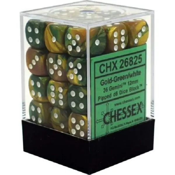 Chessex Gemini 12mm d6 36 Dice Block Gold-Green/White CHX (26825)