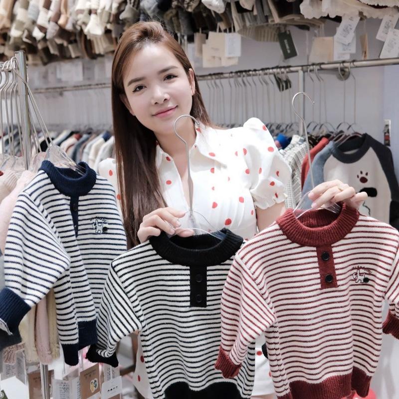 MẸ THÓC Áo len kẻ ngang thêu chó ngực 2 cúc hàng QCCC by KID CLOTHING