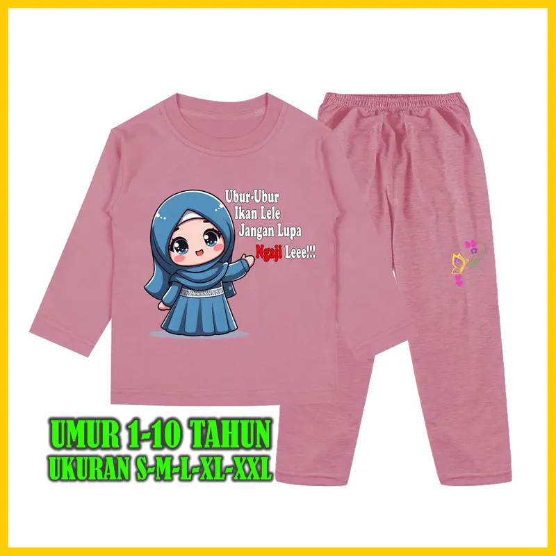 Baju Tidur Anak Perempuan Gambar Muslim Kata kata Ubur Ubur Ikan Lele Setelan Lengan Panjang - Baju Anak Fashion Celana 8