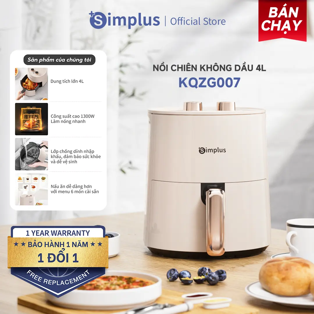 SimplusVN Nồi Chiên Không Dầu Simplus Dung Tích 4L KQZG007,  Bảo Hành 1 Năm Chỉ Đổi Không Sửa