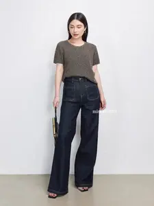Front Pocket Straight Jeans Stretch Melar Wanita Model Straight Leg Denim Pants Celana Wide Retro Highwaist Loose
