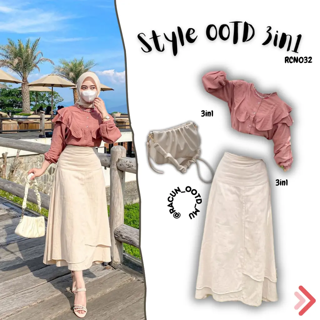 OOTD One Set Wanita Cantik Kekinian 3in1 Blouse Ruffle Rok Linen Susun Tas Cewek Mini Premium Modis Trendi
