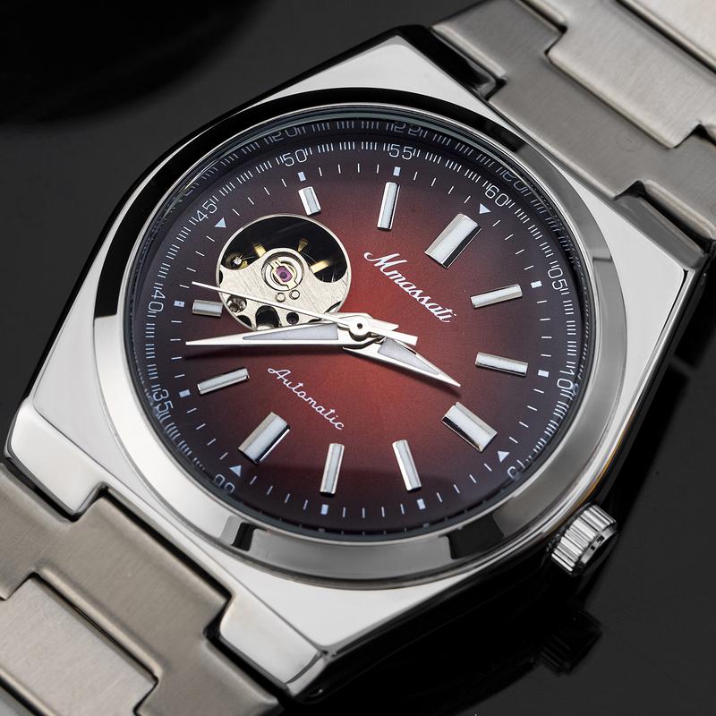 MMASSATI X ĐÌNH TRƯỞNG - N390 - Đồng Hồ Cơ Automatic Mmassati Lộ Tim – Mặt Đỏ Gradient Dây Thép Không Gỉ Cao Cấp