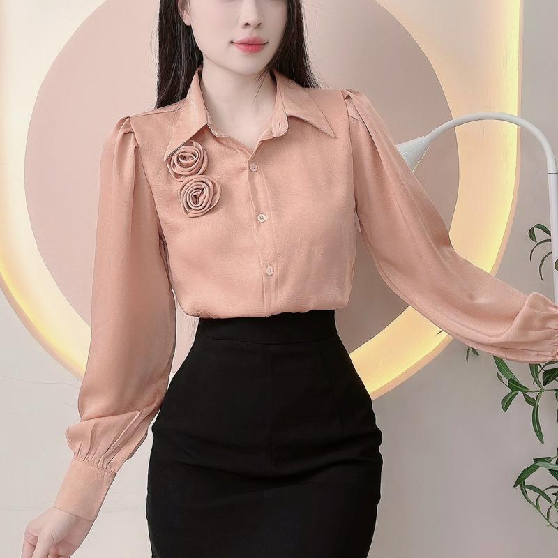 Áo sơ mi Lụa sang chảnh áo thiết kế vải lụa vân mây phối hoa sang trọng áo đi tiệc đi làm đi chơi LAMO - B1401