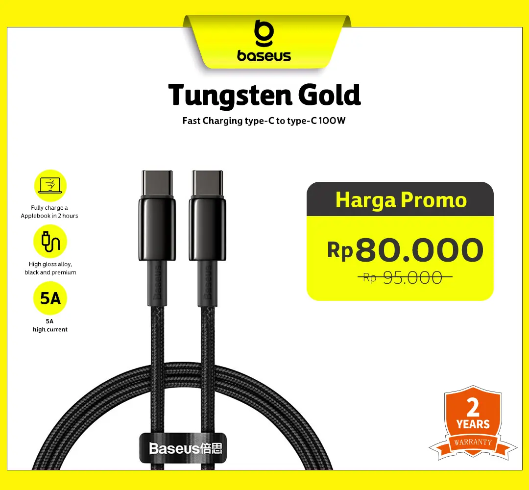 Baseus Tungsten Gold Fast Charging Data Cable Type-C to Type-C 100W 1Meter Black | Kabel Charging Type-C Hitam Wire