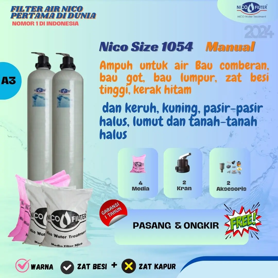 A3. Filter Air Nico Ukuran 1054 Manual + Media Nico Natural + Media Nico Anti Bau + Alat Injeksi dan Tabung Pengurai Water Hitam