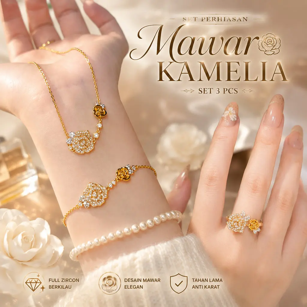 Set Kalung Mawar CZ, Gelang Camelia & Cincin, Desain Mewah & Elegan untuk Wanita Berkelas