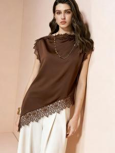 Camisa casual para mujer con patchwork de encaje y bajo asimétrico, diseño elegante y cómodo, perfecta para uso diario y ocasiones especiales