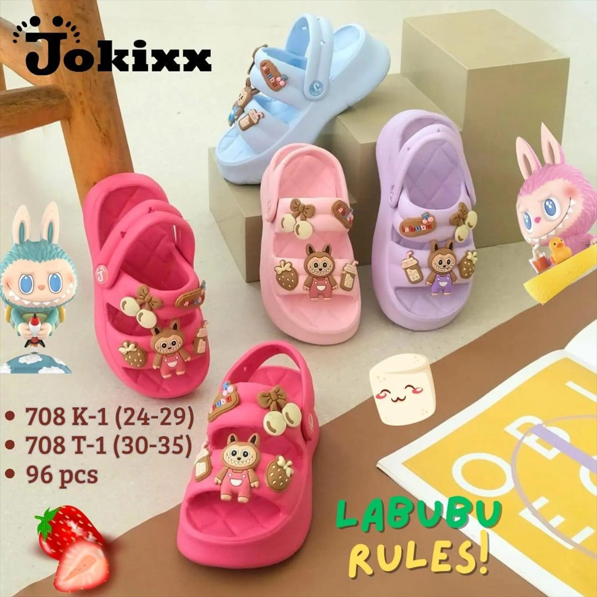 (708K-1/708T-1) Sandal Let Jokixx Eva Anak Perempuan Karakter Labubu Ban 2 Boba Ceri Sol Tebal Wajik Lucu Super Empuk Kekinian / Ukuran 24-35