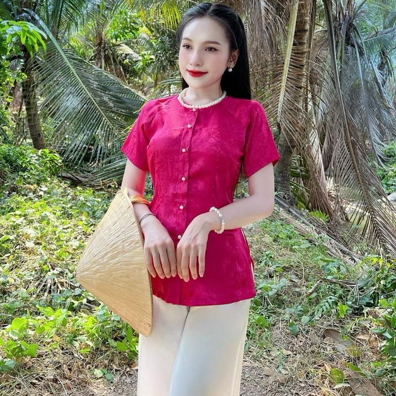  BỘ BÀ BA  QUẦN LẺ  áo bà ba nữ gấm tay ngắn có túi 2 bên quần lụa thái  Sét bà ba áo gấm quần satin tay ngắn hot Nhung Voi Kem 