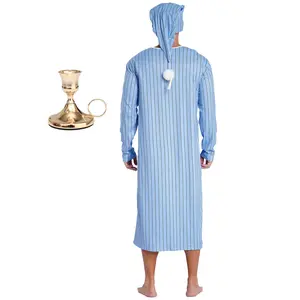 Men Soft Loose Sleepwear Robe Long Sleeve Striped Sleep Nightdress Nightshirts with Hat Candlestick Christmas Party Pajama Set