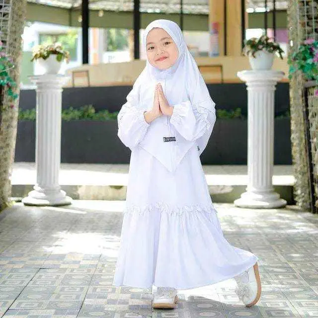 Gamis anak putih usia 4-11 tahun set hijab polos dress anak simple Jepang Muslim Nyaman