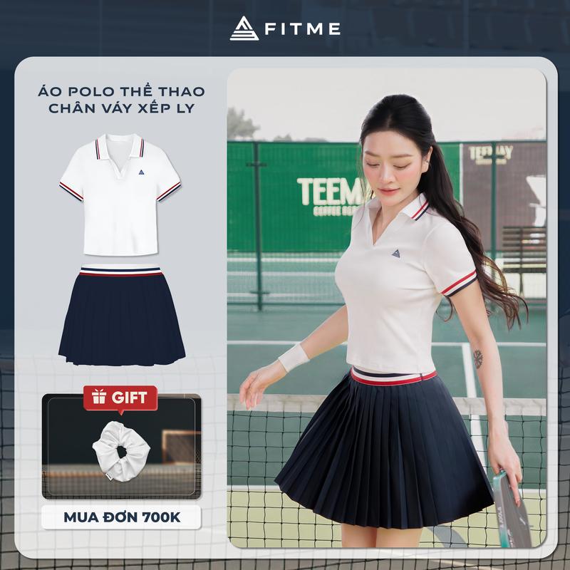 Bộ đồ Pickleball, cầu lông, tennis nữ Fitme ES áo polo Trắng tôn dáng, chân váy xếp ly Navy Trắng năng động có quần bảo