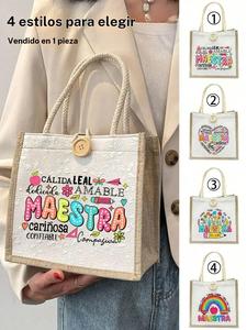 Bolso tote arcoíris “Maestra”, de lino, esencial para viajes, gran capacidad, bolsa de compras, regalo para mujer, Día del Maestro, apto para escuela, universidad, trabajo, negocios, actividades al aire libre.