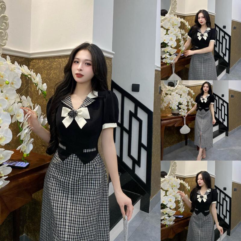 D24 - Váy Thiết Kế Evii dành cho nữ, Đầm thiết kế liền thân, cổ Vest cách điệu phối kẻ karo (tặng kèm nơ cài) dáng A dài xẻ trước phù hợp đi làm, đi chơi và đi dự tiệc. Có Bigsize Women Dress