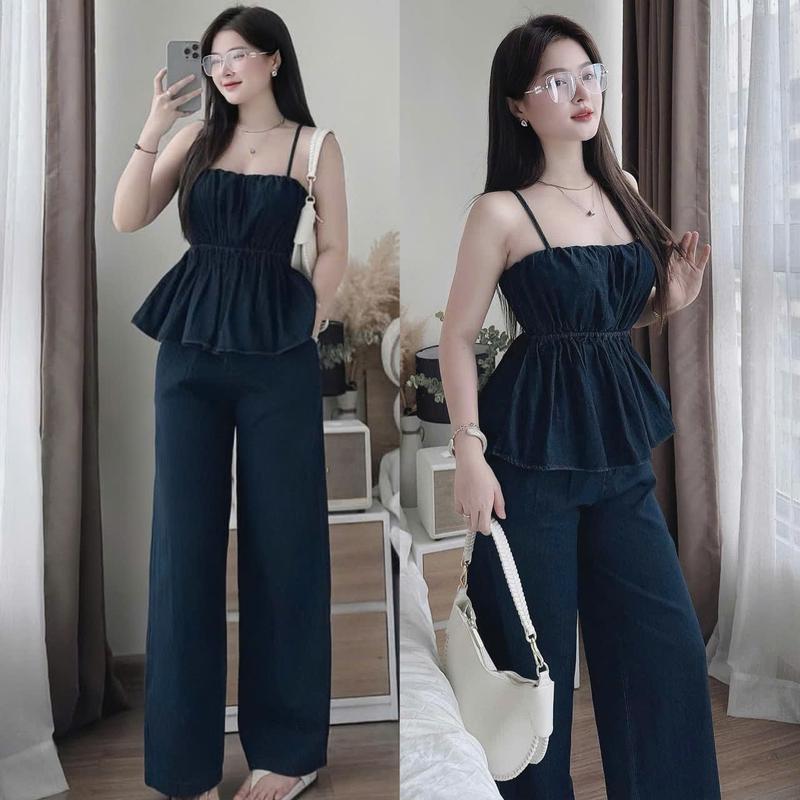 Sét bộ nữ jean thiết kế 2 dây cổ yếm nhún tầng mix quần dài ống xuông sang chảnh dành cho các nàng diện đi chơi.