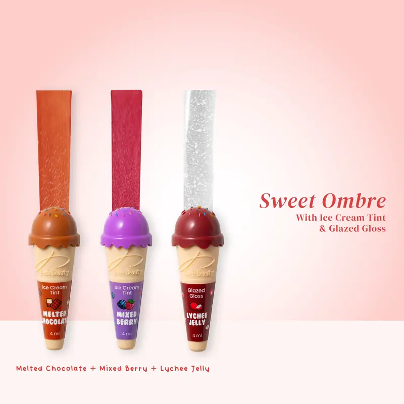Jessie Beauty Bundle Sweet Ombre : Ice Cream Tint (Melted Chocolate - Mixed Berry) & Glazed Gloss (Tanghulu / Lychee Jelly) Bibir  Liptint 3