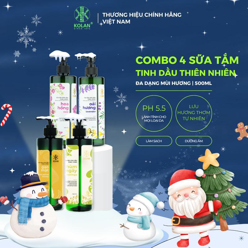 Combo 4 Loại Sữa Tắm Tinh Dầu Thiên Nhiên KOLAN 500ml - CHÙM NGÂY + GẠO MẬT + HOA HỒNG + VANILLA DỪA