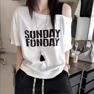 Blue Dopamine Asymmetrical Shoulder Cut Out Short Sleeve T-Shirt for Women, Summer Fashion Letter Print Sexy Top, New Arrival 2372# Womenswear Streetwear Casual Crewneck Fitted