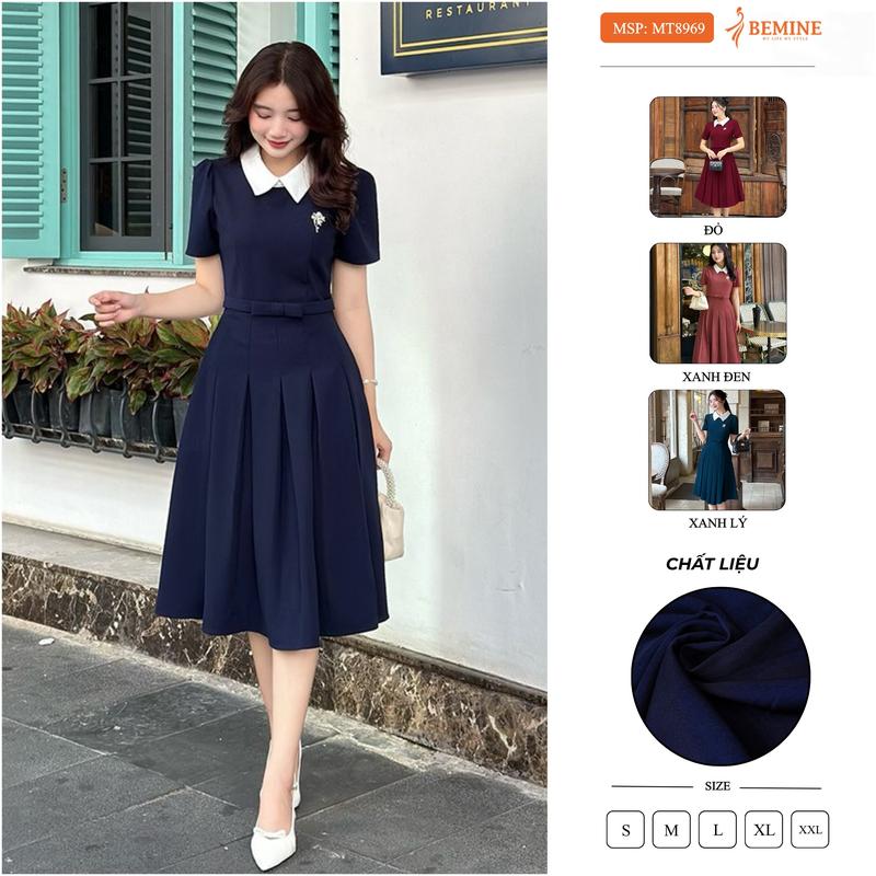 BEMINE Đầm Thiết Kế MT8969 Đính Nơ Eo Tùng Xếp Ly Dáng Xòe Phù Hợp Đi Làm Và Đi Tiệc Cho Nữ Màu Xanh Vàng Hồng Chất Liệu Cotton Hàn Thái