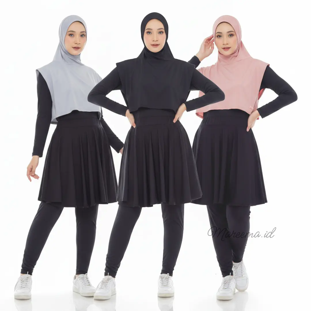 Setelan Olahraga 3 in 1 Wanita Hijab Rompi Instan Crop Manset Legging Rok Olahraga Vest Terbaru Sport Kekinian
