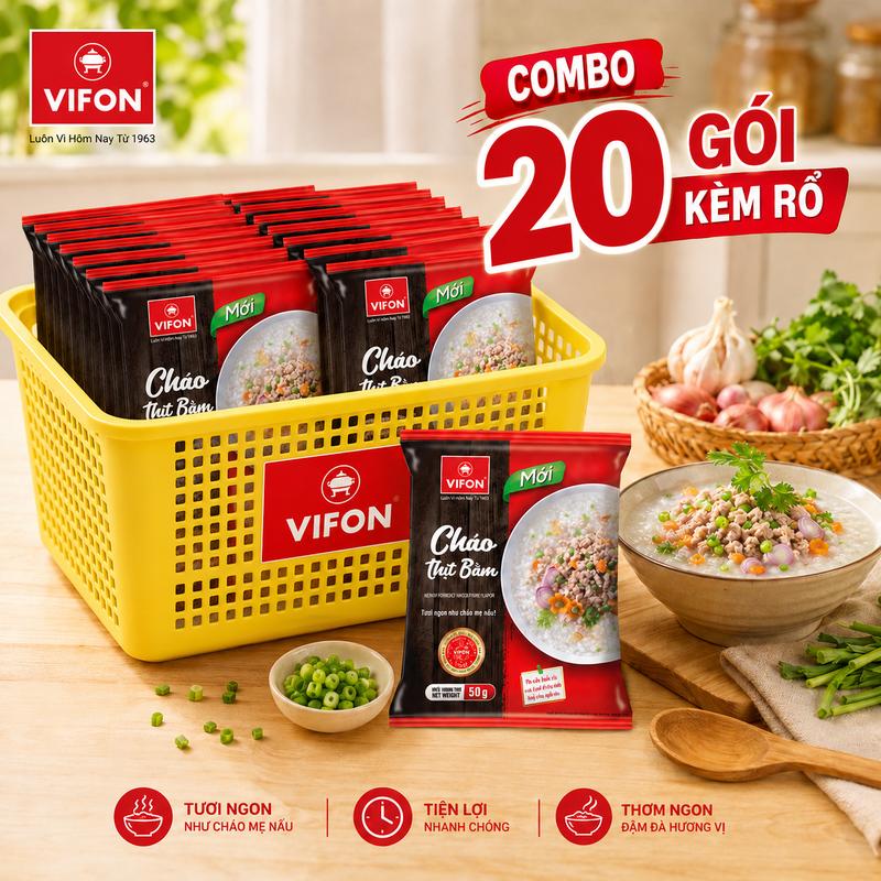 Combo 20 Gói Cháo Cá VIFON 50g Kèm Rổ Nhựa – Cháo Ăn Liền Thơm Ngon, Tiện Lợi